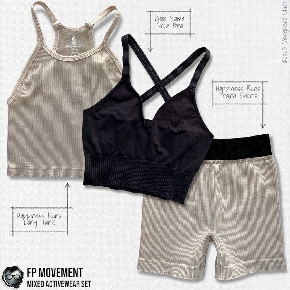 FP MOVEMENT SET: HAPPINESS RUNS LONG TANK + GOOD KARMA CROP BRA + PRAJNA SHORTS